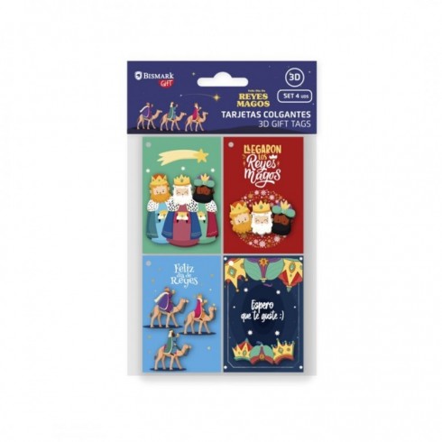 PACK 4 TARJETAS COLGANTES CON RELIEVE REYES MAGOS