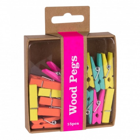 PINZAS MADERA COLORES FLUORESCENTES 15 UNID.